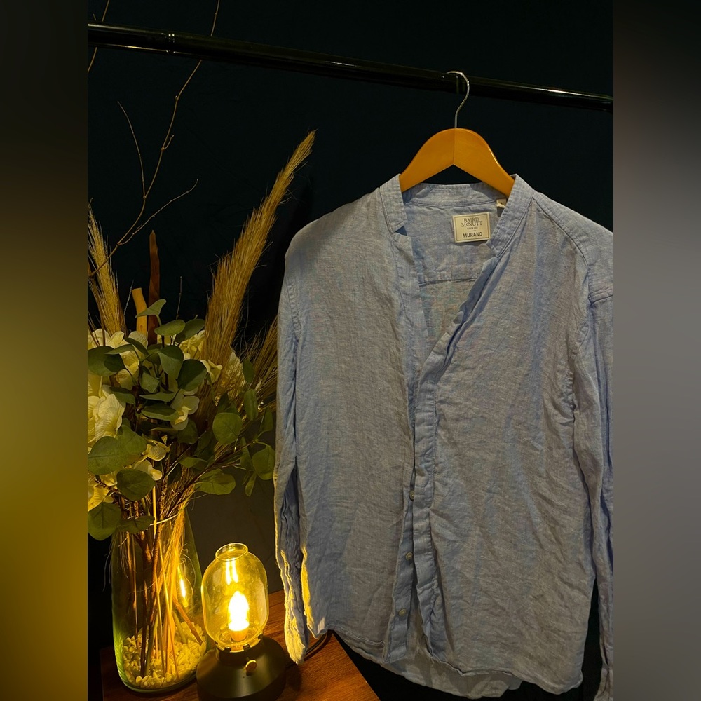 Murano Pale Blue Linen Button Down Shirt, Large